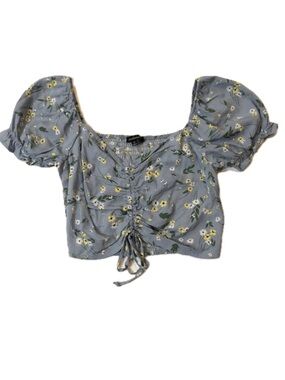 Blue Floral Crop Top with Ruched Front